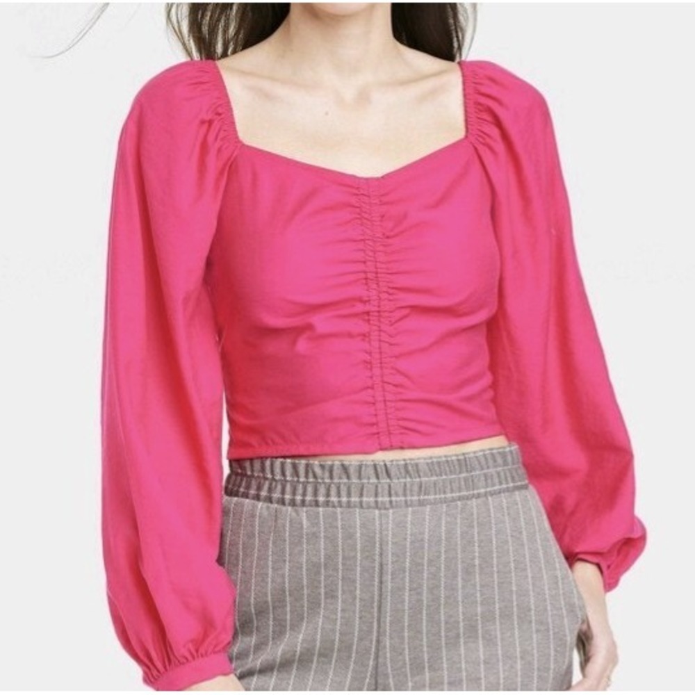Women's Long Balloon Sleeve Slim Fit Ruched Front Top - A New Day Pink Size S